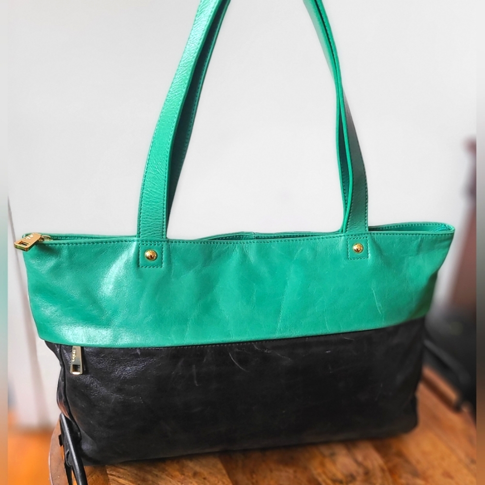 Leather Tote Bag, Hobo the Original, Two Tone Black/Green